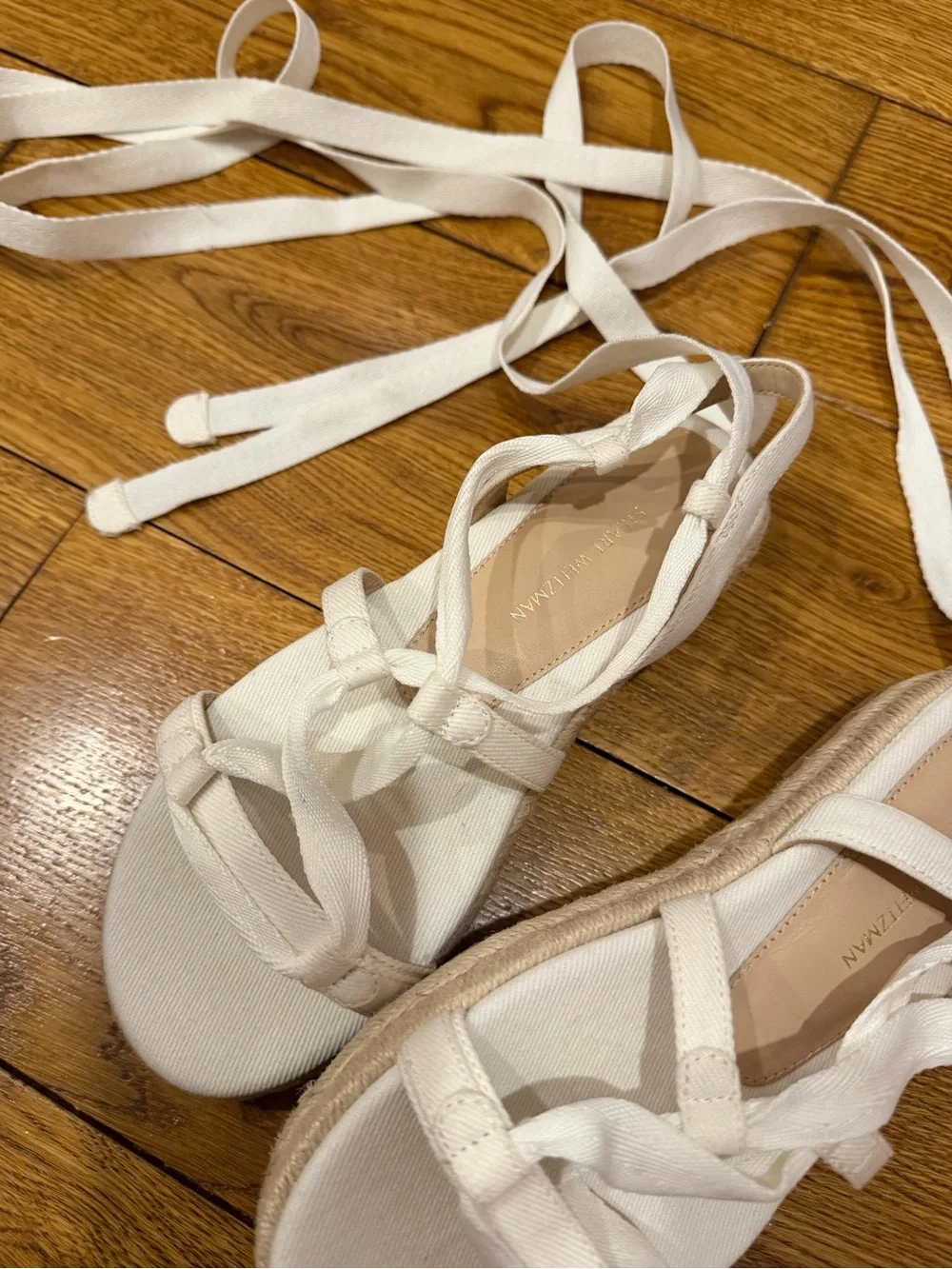 Stuart Weitzman White Lace-Up Espadrille Sandals
